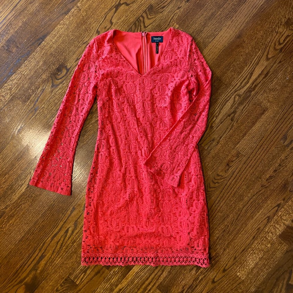 Laundry By Shelli Segal Coral Lace Long-Sleeve V-Neck Dress